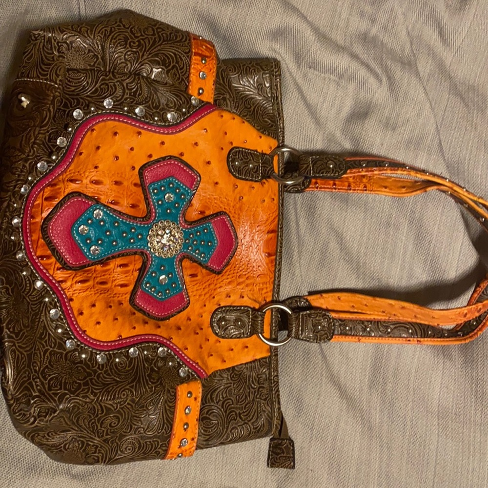 Blazin Roxx Orange Tote with Turquoise & Pink Cross Accent And Matching Wallet
